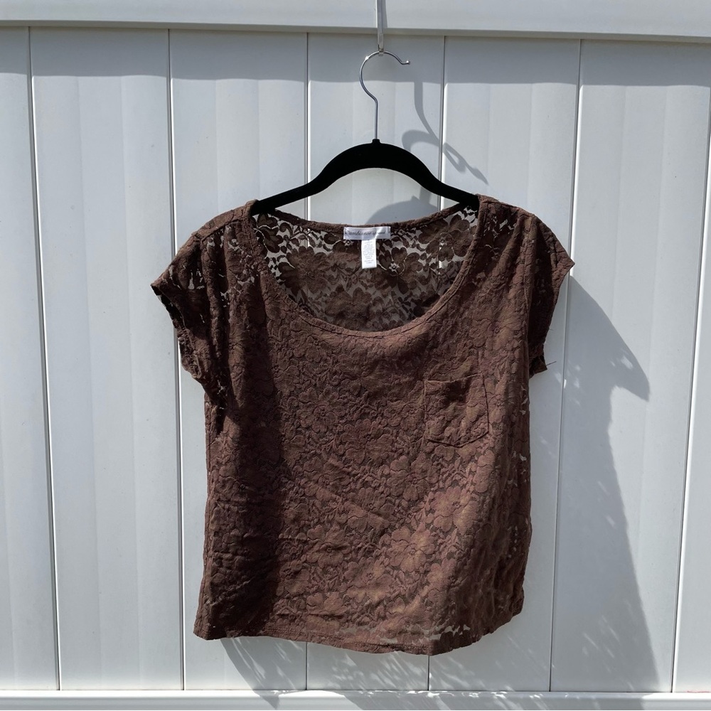 Vintage Ambiance Apparel Short Sleeve Lace Shirt Pocket, Woman’s Size S, Brown
